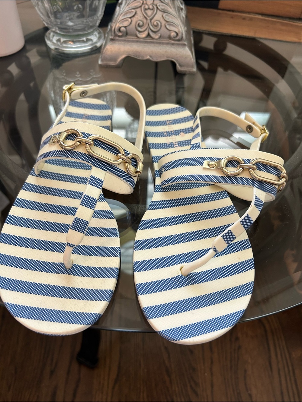 kate spade Navy & Cream Striped T-Strap Sandals with Gold Chain